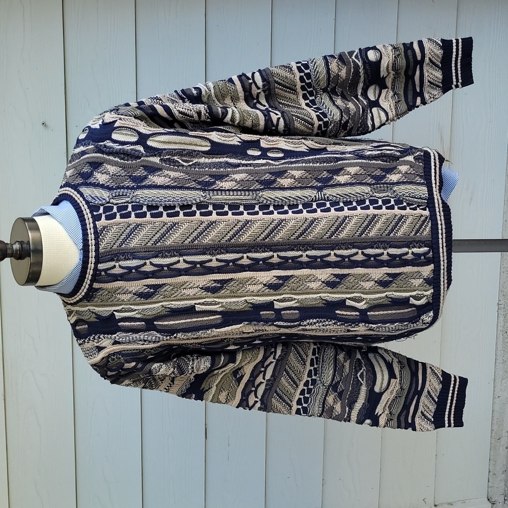 PROTEGE Coogi‎ Biggie Textured Arcylic Navy Beige Sz L Mens Sweater 90s Y2K VTG